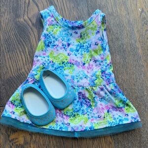 American Girl Doll Outfit, Floral Watercolor Tank Dress with Teal Ballet Flats